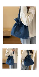 Three-way view of blue denim drawstring bucket bag showing shoulder and crossbody styling