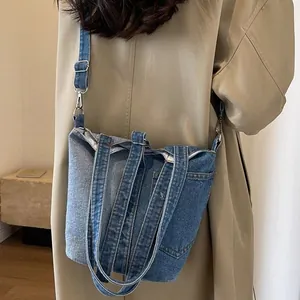 Women Casual Denim Patchwork Tote Bag Vintage Bucket Shoulder Bag Large Capacity Crossbody Handbag For Commuting Daily