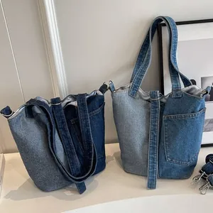 Fashionable denim bucket tote bag with patchwork design and detachable long strap