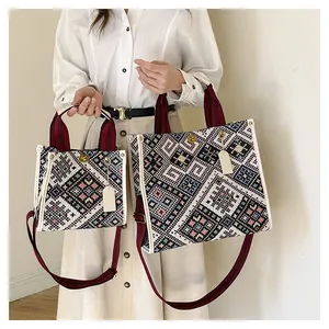 Detail view of ethnic pattern tote bags in medium and large sizes with gold hardware