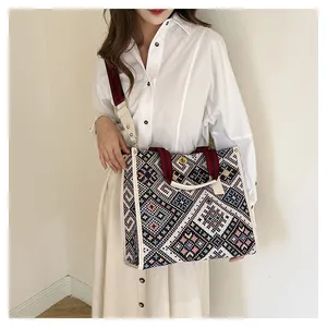 Detailed shot of large ethnic woven tote bag with geometric patterns and metal twist lock