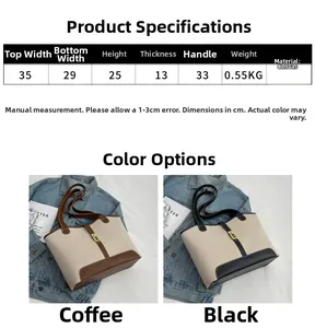 Detailed size chart for canvas tote bag with dimensions in cm and material specs