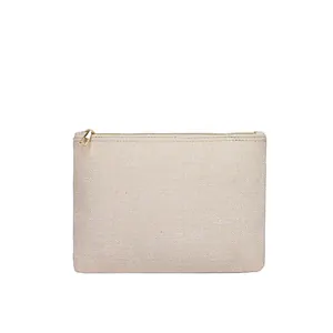 Pochette tendance minimaliste en toile de lin beige avec fermeture éclair dorée 2024