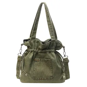 Retro green denim drawstring bucket tote bag with adjustable shoulder strap for women