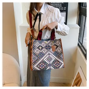 Detail of ethnic geometric pattern tote with leather trim and wide woven strap