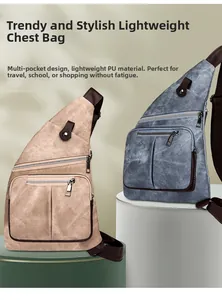 Détails de sacs de poitrine en similicuir souple avec plusieurs poches, beige et bleu