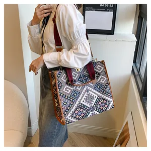 Detail of vintage woven tote bag featuring geometric patterns and metal twist lock closure