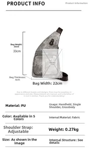 Vue détaillée du sac de poitrine en PU gris avec dimensions 33x22x6cm et taille