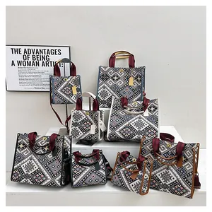 Detailed collection of geometric woven canvas bags in various sizes with wine red straps