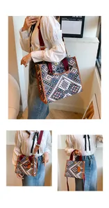 Detail of colorful jacquard ethnic tote with leather trim and metal swivel lock closure