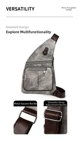Détail du sac de poitrine en toile grise avec boucle métallique et sangle réglable