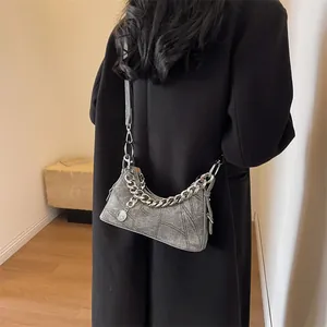 Fashionable grey denim saddle shoulder bag with silver chunky chain for women