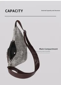 Vue macro du sac de poitrine gris montrant la poche principale et sa structure intérieure