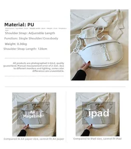 Detailed size specifications and dimensions for the white PU leather crescent bag with chain