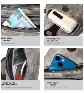 Détails des compartiments multiples et de la texture grise de ce sac à bandoulière