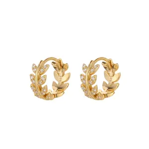 Elegant S925 sterling silver gold leaf hoop earrings with sparkly pave cubic zirconia