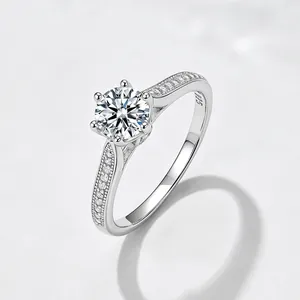 Classic six-prong S925 sterling silver ring with sparkling round-cut solitaire diamond