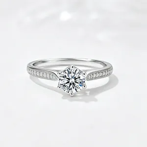 Macro detail of classic six-prong S925 sterling silver ring with a S925 hallmark