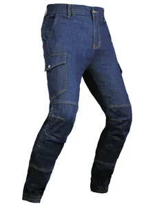 Men's dark blue abrasion-resistant motorcycle jeans with elastic cuffs and cargo pockets