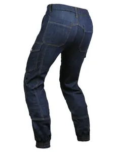 Slim fit dark blue Cordura motorcycle cargo jeans with elastic cuffs and side pockets