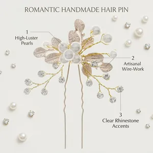 Épingle à cheveux de mariée faite main avec perles, strass et accents de feuilles d'or