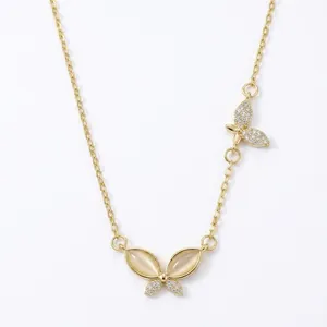 18K gold plated titanium necklace with cat eye stone butterfly pendant and zircon accents