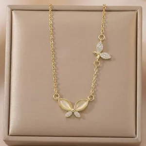 Butterfly Pendant Necklace Stainless Steel 18K Gold Plated Cat Eye Stone Zircon Inlaid Elegant Clavicle Chain For Women