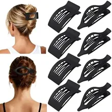 Set of eight matte black acetate hair clips in rectangular and streamlined hollow designs