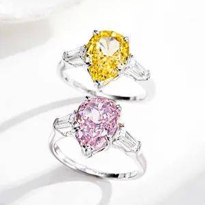 925 Sterling Silver Pear Cut Rhinestone Ring For Women Luxury Waterdrop Pink Yellow Gemstone Engagement Wedding Jewelry