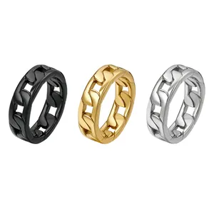 Stainless Steel Cuban Chain Ring Hollow Out Link Geometric Band Minimalist Street Style Jewelry For Men Women Daily Wear