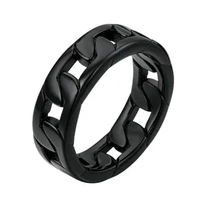 Black stainless steel Cuban link chain ring with minimalist hollow structure on white background