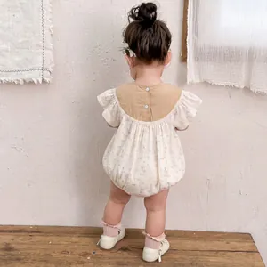 Floral print baby girl romper with ruffled sleeves and button back design for summer