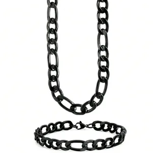 Black stainless steel Figaro chain necklace and bracelet set with lobster clasp finish