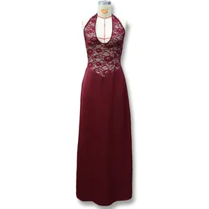 Detail of burgundy lace halter neck and deep V-neckline on an elegant floor-length dress