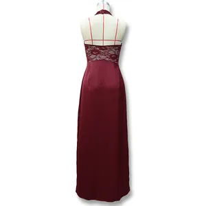 Detailed back view of a wine red halter maxi dress with intricate lace stitching