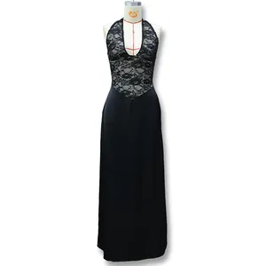 Detailed close-up of elegant black lace deep V-neck halter design on the evening dress