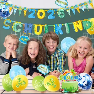 German school enrollment party set with SCHULKIND banner and blue yellow balloons