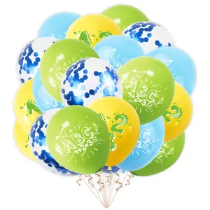 Detailed view of educational balloons with ABC, 1+2=3, and E=mc2 prints for school parties