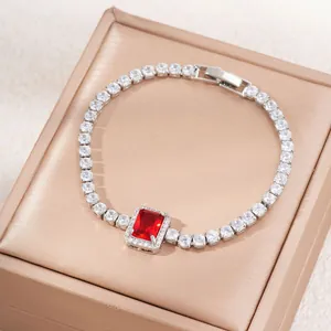Luxurious tennis bracelet featuring a rectangular red ruby and white cubic zirconia stones