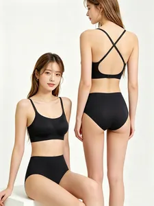 Détail de l'ensemble lingerie noire sans couture avec soutien-gorge dos croisé et culotte haute