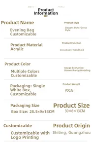 Detailed specification sheet for acrylic evening clutch bag showing dimensions and weight
