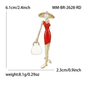 Modische Damenbrosche mit rotem Kleid und Perlenhut, elegante Metallnadel für Mäntel
