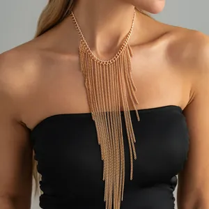 Close-up of a layered gold tassel statement necklace with chunky chain link and fringe