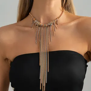 Detail of elegant multi-layered gold and silver fringe tassel necklace on model neck