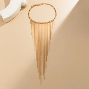 Detailed view of a multi-layer golden tassel necklace with fringe chain pendants