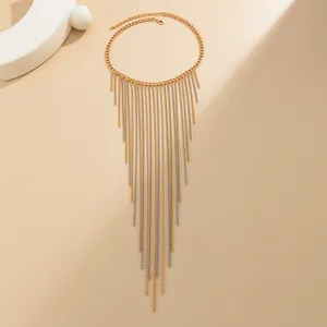 Detail view of multi-layered gold and silver fringe tassel necklace with fine chains