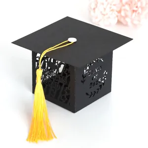 Black graduation cap gift box with yellow tassel and Class of 2026 laser cut design