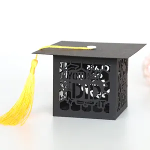 Class Of 2026 Graduation Doctor Hat Candy Boxes Laser Cut Hollow Black Favor Box With Yellow Tassel Paper Gift Packaging Boxes