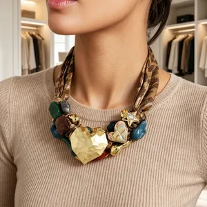 Chunky Leopard Print Ribbon Necklace With Gold Alloy Heart Pendant And Beads Retro Bohemian Statement Jewelry For Women