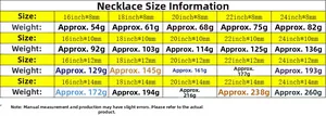 Detailed size chart for Cuban chain necklaces with width and weight specifications